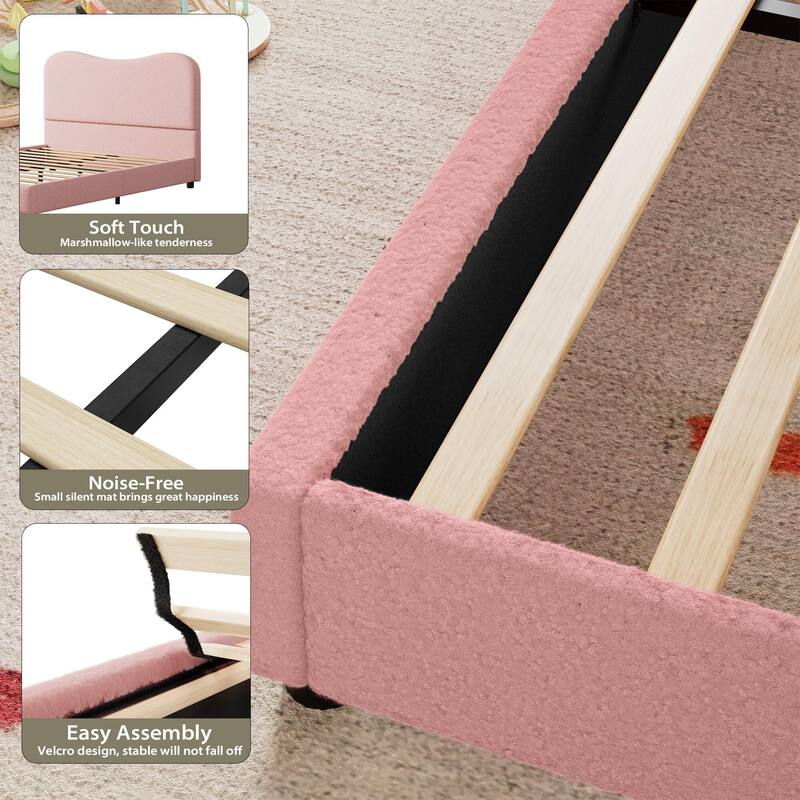 Low Profile Sturdy Platform Bed, with Velvet Upholstered Headboard, Strong Wooden Slats