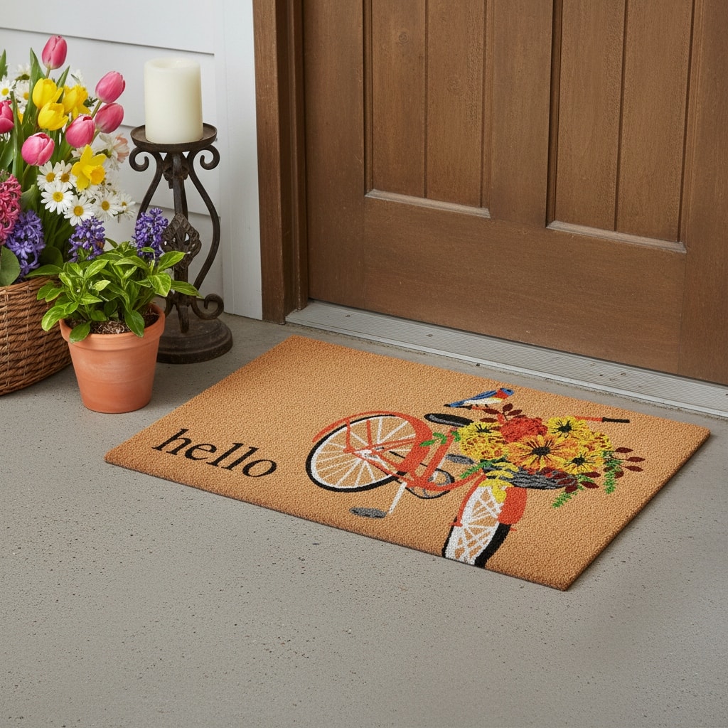 HomeRoots 24" X 36" Brown And Orange Bicycle Floral Hello Outdoor Coir Door Mat - 24.00' X '36.00