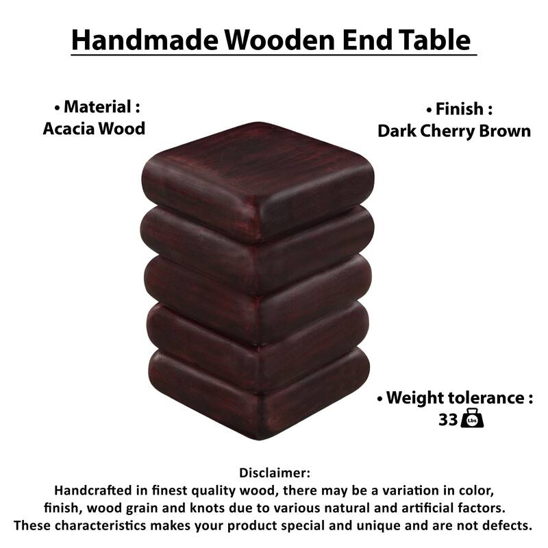 Zyra 18" Side End Table | Sculptural Stacked Design | Dark Cherry Brown Acacia Wood