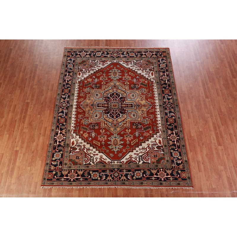Hand Knotted Oriental 100% Wool Carpet Traditional Medallion Oranges & Rust Heriz (serapi) Area Rug - 10' 1'' X 7' 11''