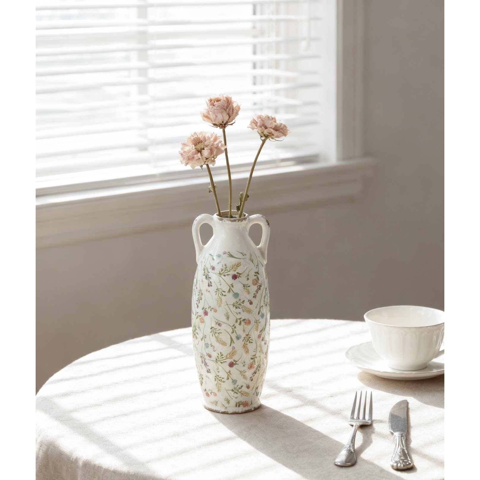 5.9X5.9X15.6" Decorative Ceramic Amphora Vase With Multi-Colored Floral Motifs