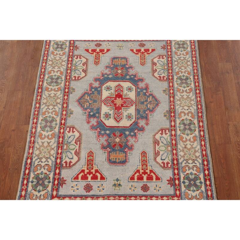 Geometric Grey Kazak Oriental Accent Rug Hand-Knotted Wool Carpet - 3'3"x 4'11"