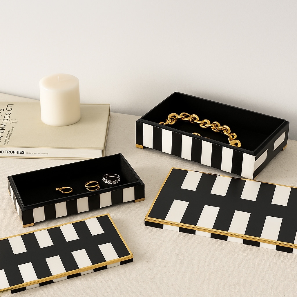 Resin Decorative Boxes with Stripe (Set of 2) - 4" & 3" Black, White - 14" x 8.5" x 4"