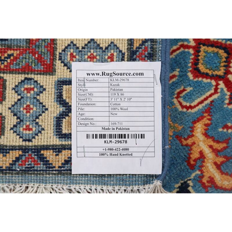 Blue Geometric Kazak Foyer Rug Hand-Knotted Wool Carpet - 2'10" x 3'11"