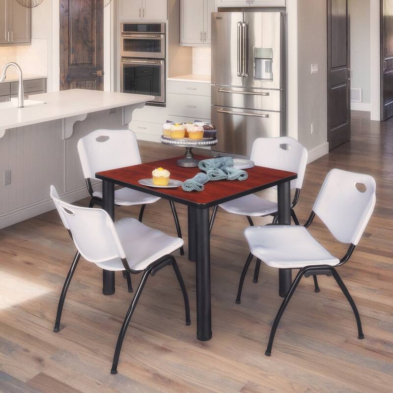 30 in. Square Breakroom Table- Cherry/ Black & 4 'M' Stack Chairs- Grey