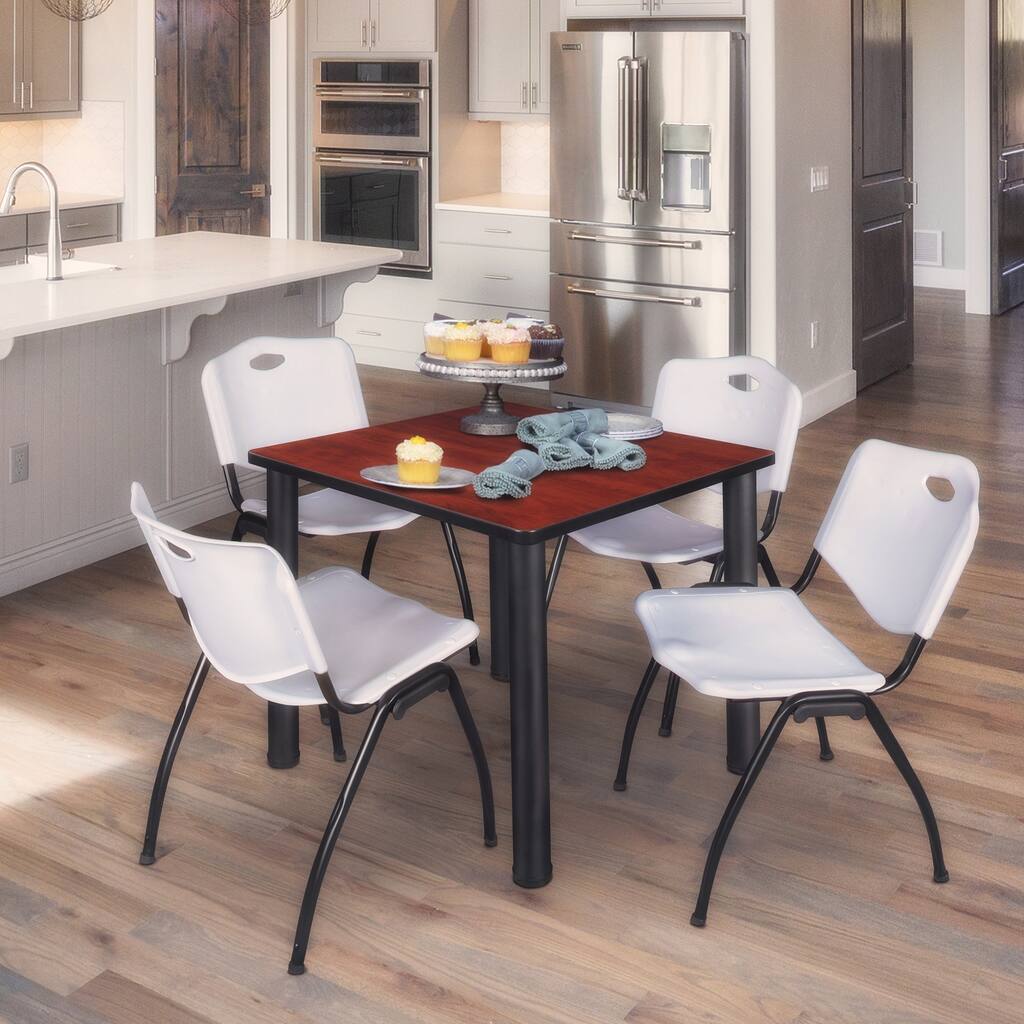 30 in. Square Breakroom Table- Cherry/ Black & 4 'M' Stack Chairs- Grey