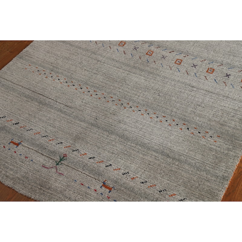 Hand Knotted Oriental 100% Wool Carpet Tribal Animal Pictorial Greys & Charcoal Gabbeh Area Rug - 5' 11'' X 3' 11''