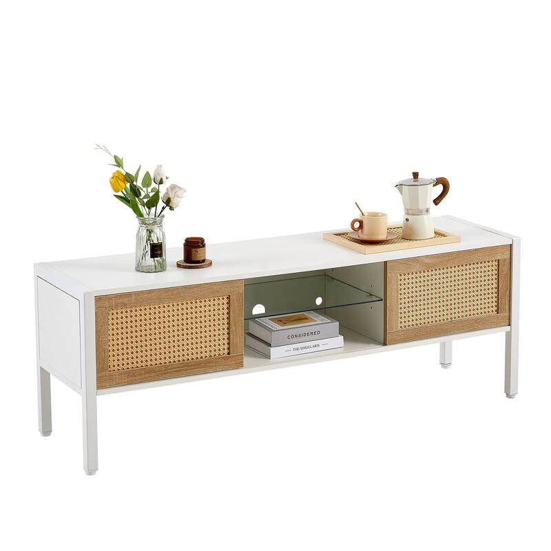 54.33" Rattan TV cabinet with variable color light strip, double sliding doors for storage, adjustable shelf, metal legs