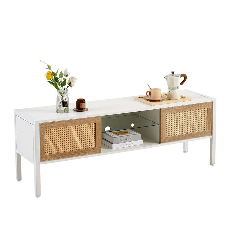 54.33"Rattan TV cabinet with variable color light strip,double sliding doors for storage,adjustable shelf,metal legs,TV console