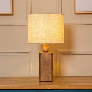 18''/22''Farmhouse Traditional Natural Solid Wood Table Lamp with Beige Fabri Drum Shade for Bedroom Living Room
