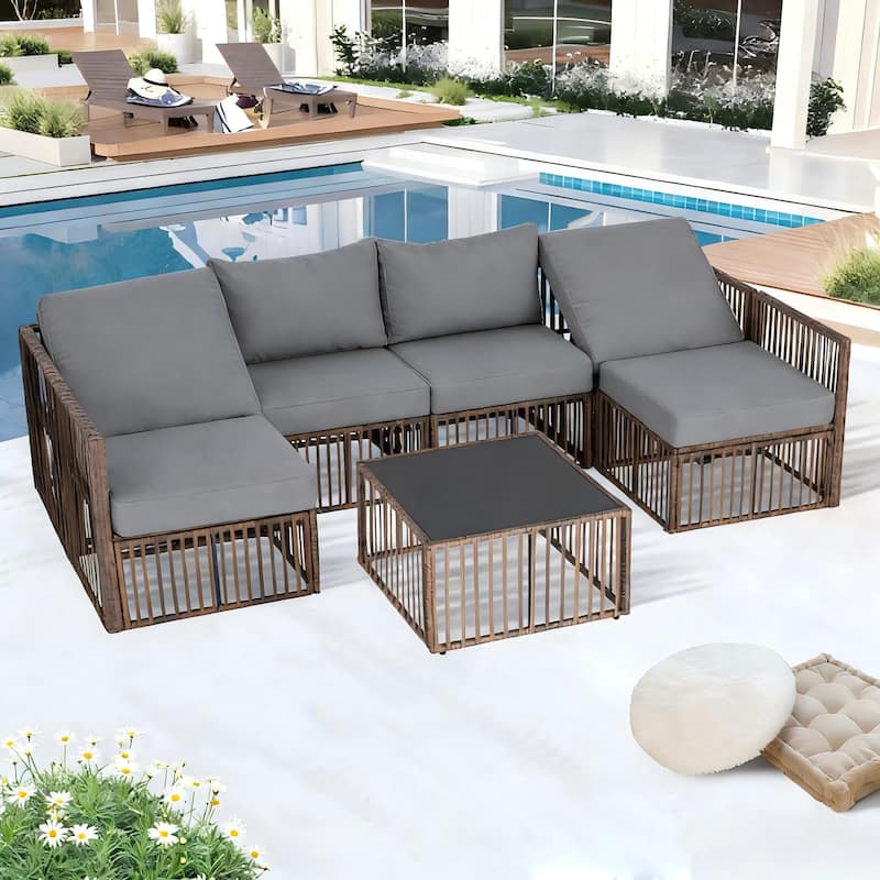 7-Piece Wicker Patio Conversation Set with Cushions,6 Sofas, 1 Table - Gray