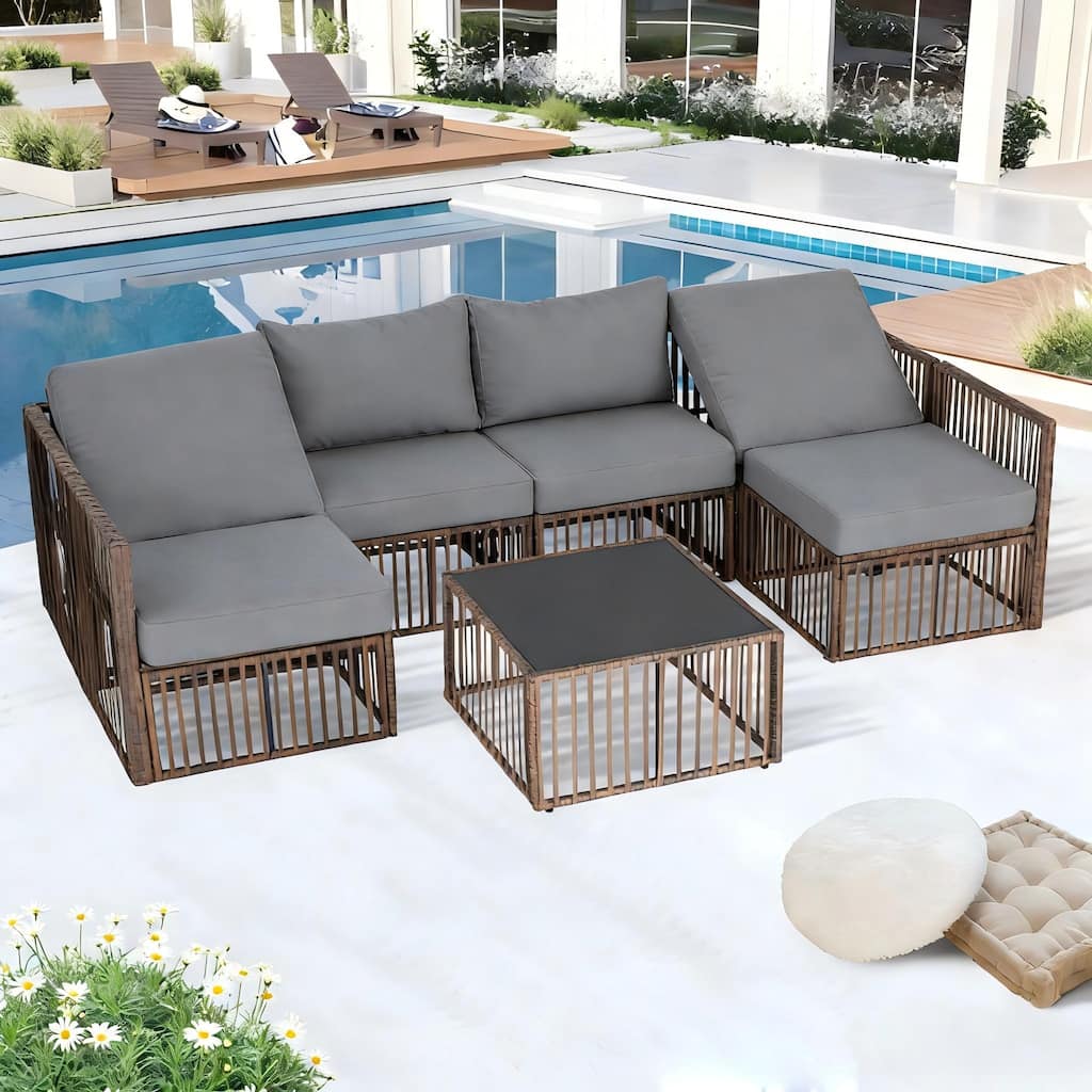7-Piece Wicker Patio Conversation Set with Cushions,6 Sofas, 1 Table