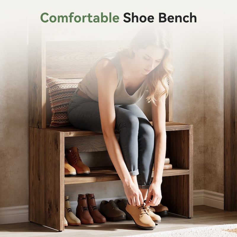 Solid Wood Entryway Hall Tree With Storage Bench And 7 Hooks