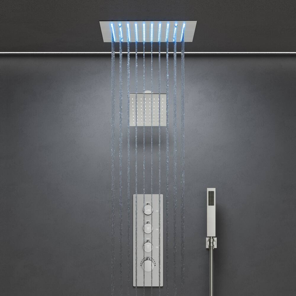 GRANDJOY Shower System 12 inch Ceiling and 6 inch Wall Mount Rainfall Dual Shower Heads with LED Handheld Spray Thermostatic