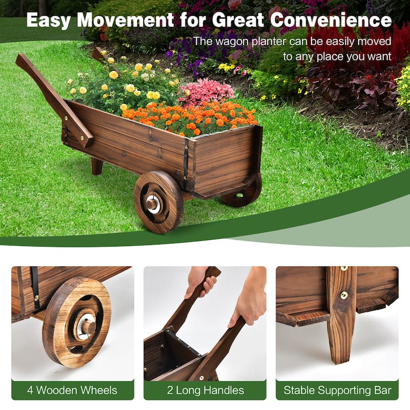 Costway Decorative Wagon Cart Plant Flower Pot Stand Wooden Raised - 32'' x 15.5'' x 15'' (L x W x H)