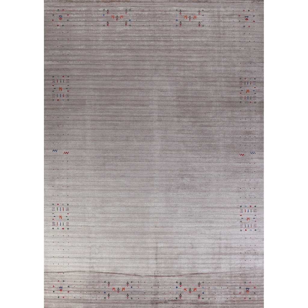 Striped Gabbeh Indian Area Rug Hand-Knotted Grey Modern Wool Carpet - 9'2" x 12'3"