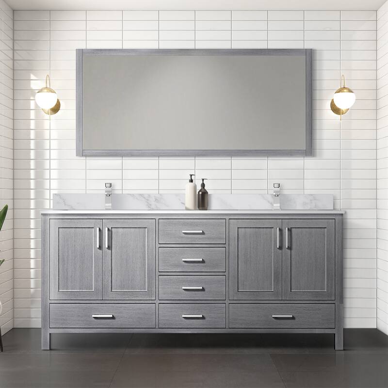 Jacques 72 in. W x 22 in. D Distressed Grey Double Bath Vanity, Carrara Marble Top, Faucet Set, and 70 in. Mirror - Distressed Grey