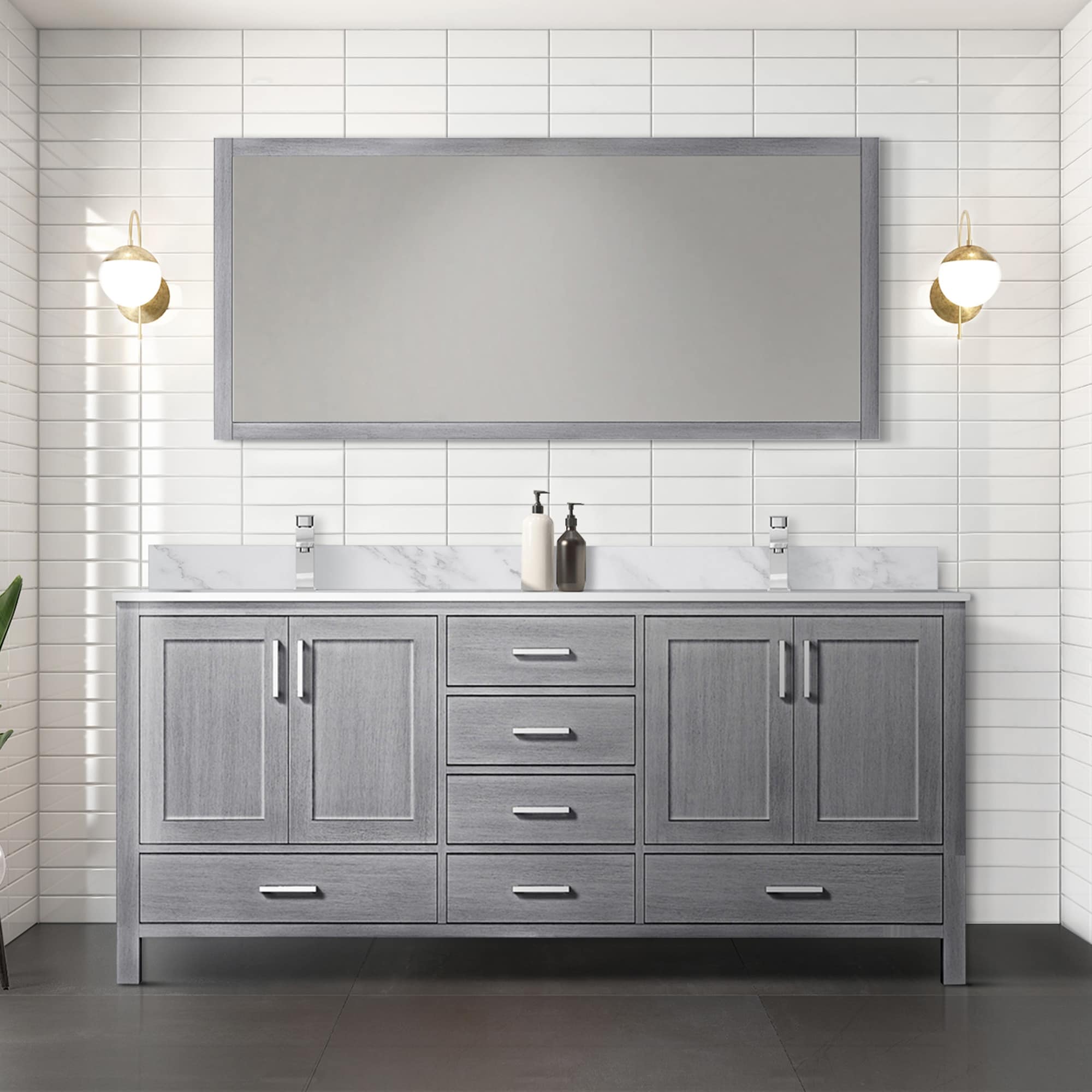 Jacques 72 in. W x 22 in. D Distressed Grey Double Bath Vanity, Carrara Marble Top, Faucet Set, and 70 in. Mirror