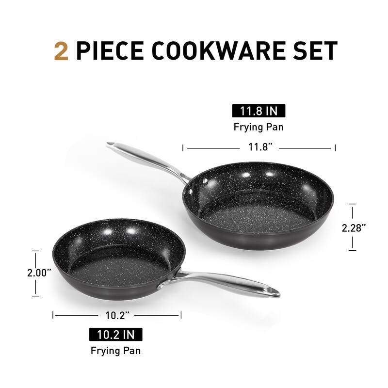 2/3-Piece Black Hard Anodized Non-Stick Fry Pan Set, Safe and Wear-Resistant Ceramic Coating with Stainless Steel Handle