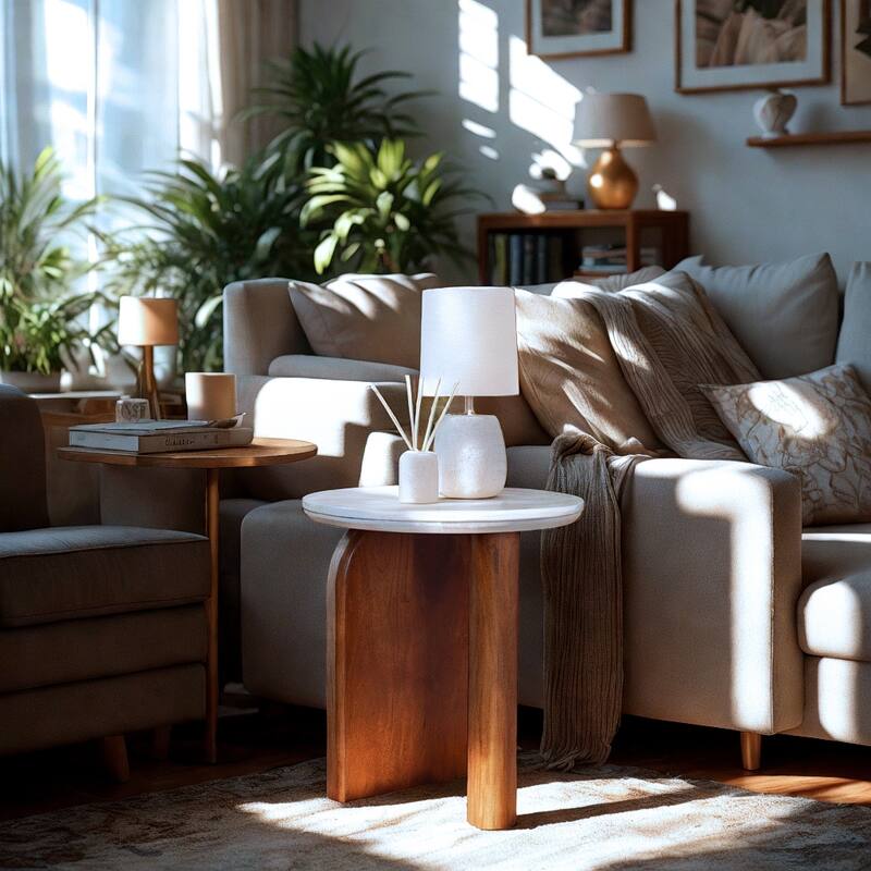 Modern Round Side Table with Banswara Marble Top & Stained Mango Wood Base - Elegant Accent Table