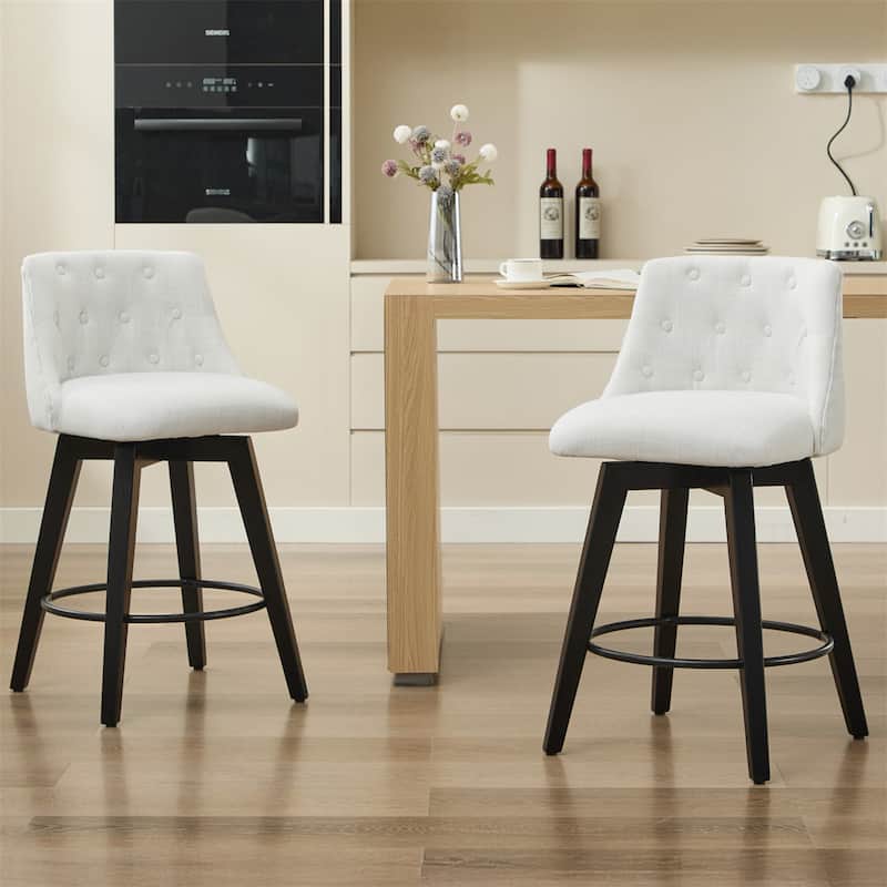 Modern Linen Swivel Bar Stools with Tufted Back,Wood Frame (Set of 2)
