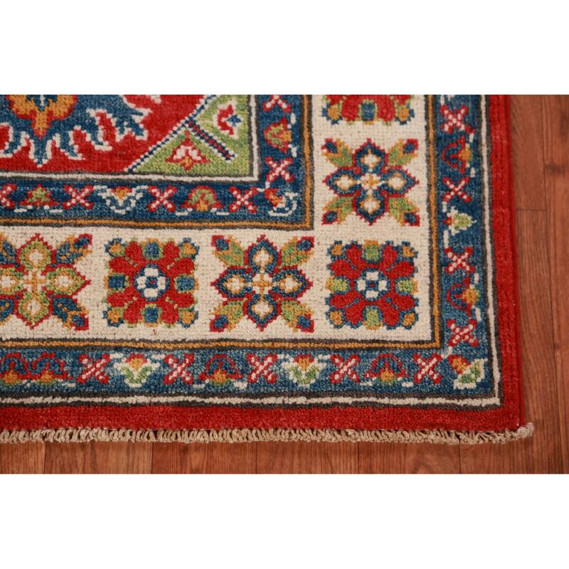 Red Kazak Foyer Rug Hand-Knotted Accent Geometric Wool Carpet - 2'8"x 4'0"