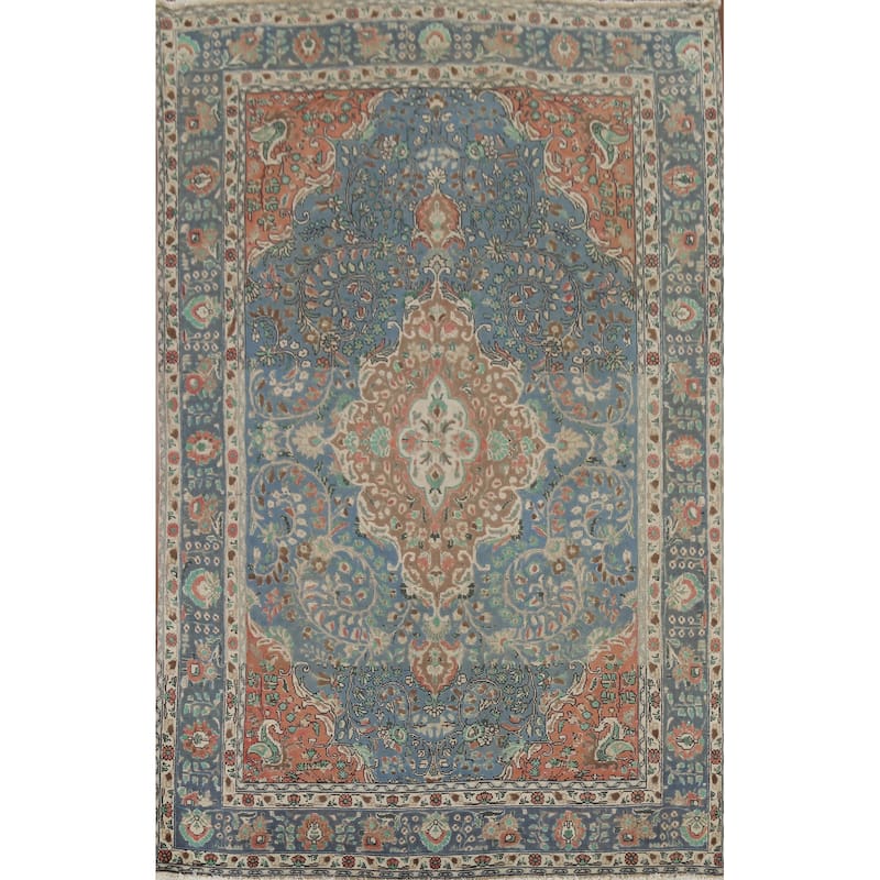 Blue Floral Tabriz Persian Vintage Area Rug Handmade Wool Carpet - 6'7"x 9'11"