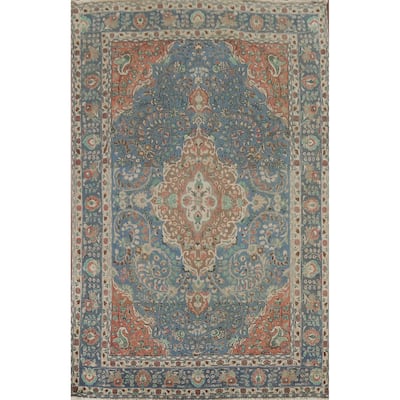 Blue Floral Tabriz Persian Vintage Area Rug Handmade Wool Carpet - 6'7"x 9'11"