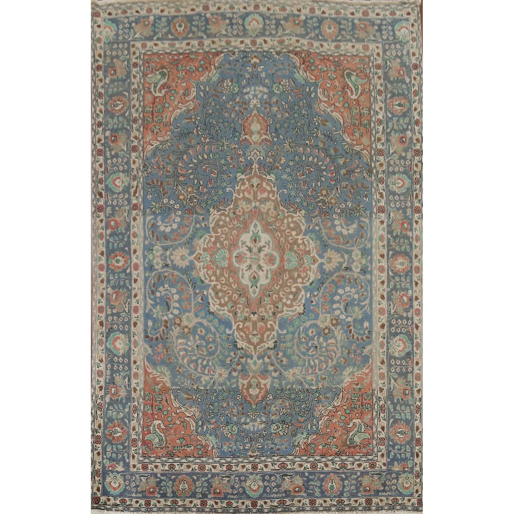 Blue Floral Tabriz Persian Vintage Area Rug Handmade Wool Carpet - 6'7"x 9'11"