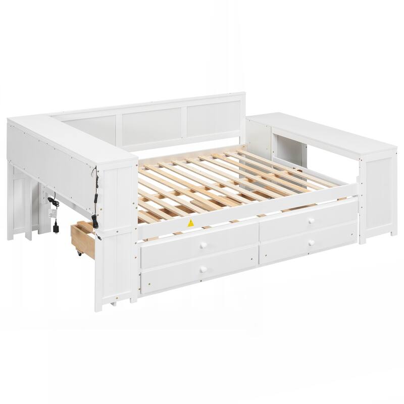Full Size Daybed with Storage Shelves,Drawers,Trundle,Charging Station,LED Light
