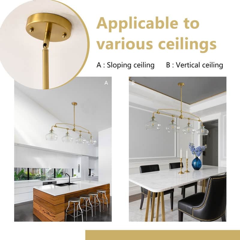 Brass Kitchen Island Light Linear Hanging Chandeliers Dining Room Light Fixture with Clear Glass Shades