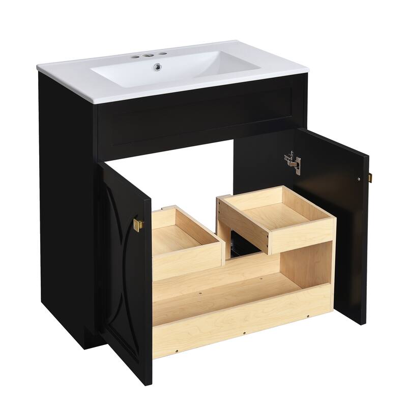 60"Bathroom Vanity with Ceramic Sink Combo, Modern Freestanding Storage Cabinet with Gold Handles, Soft Closing Doors