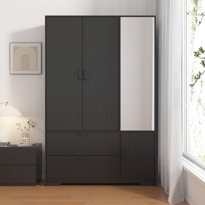 Black 4 Doors Wardrobe Closet Storage Cabinet with Mirror, Minimalist Armoire Closet with Hanging Rod