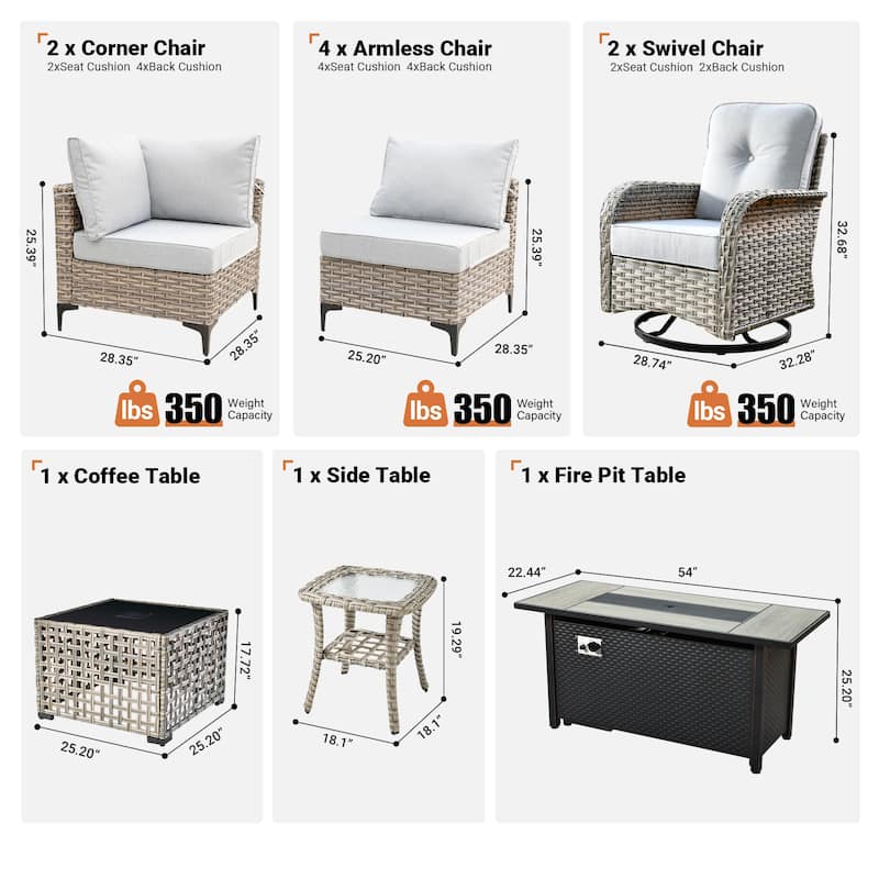 OVIOS 11 Pieces Outdoor Wicker Swivel Chair Set With Fire Table