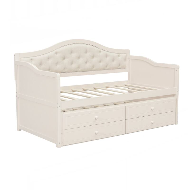 Twin Daybed with Trundle, Twin Size Daybed with 2 Storage Drawers, Wooden Sofa Bed with Upholstered Button Tufted Backrest