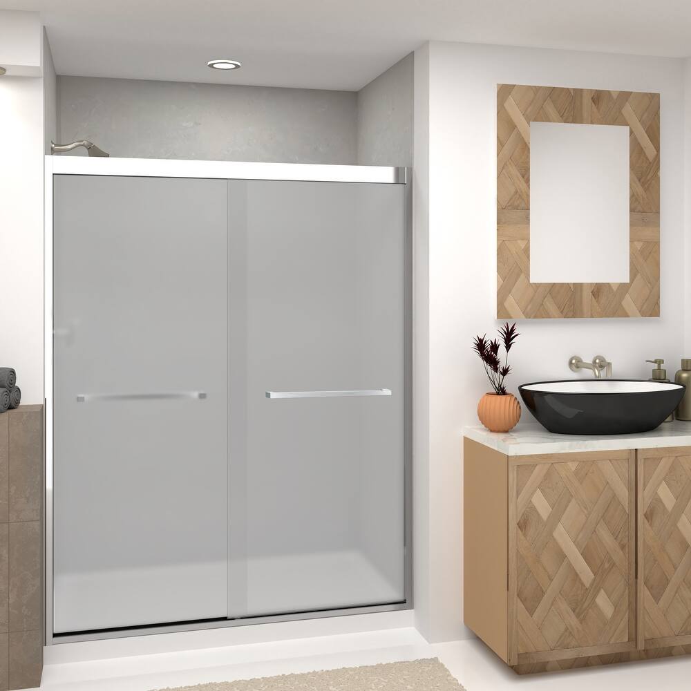 Frederick 59 in. W x 76 in. H Sliding Semi-Frameless Shower Door in Brushed Nickel with Frosted Glass - 60 x 76 - 60 x 76