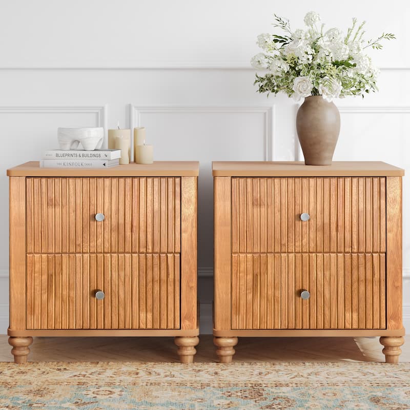 Fluted Nightstand 2-Piece Set, 21.65"W Side Table with 3 Drawers, Wood NightStand with Metal Handle, Wooden Bedside End Table - Natural