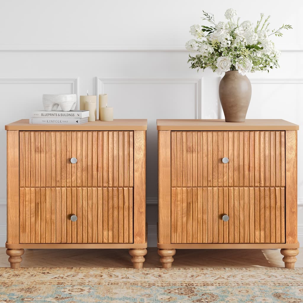 Fluted Nightstand 2-Piece Set, 21.65"W Side Table with 3 Drawers, Wood NightStand with Metal Handle, Wooden Bedside End Table