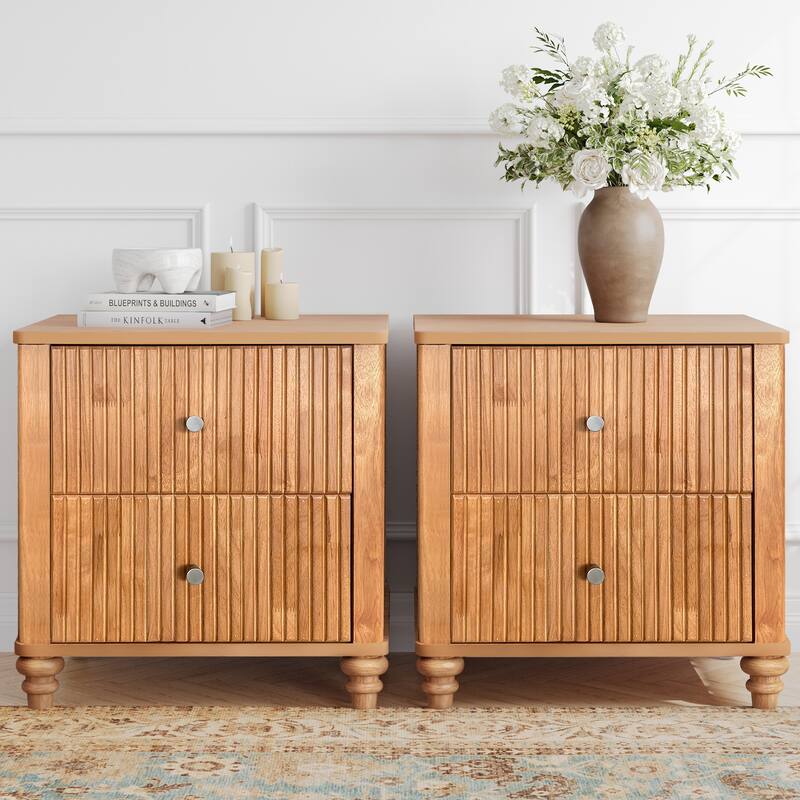 GDFStudio Mid-Century Fluted 3-Drawer Wooden Nightstand with Metal Handles - Natural-2pc