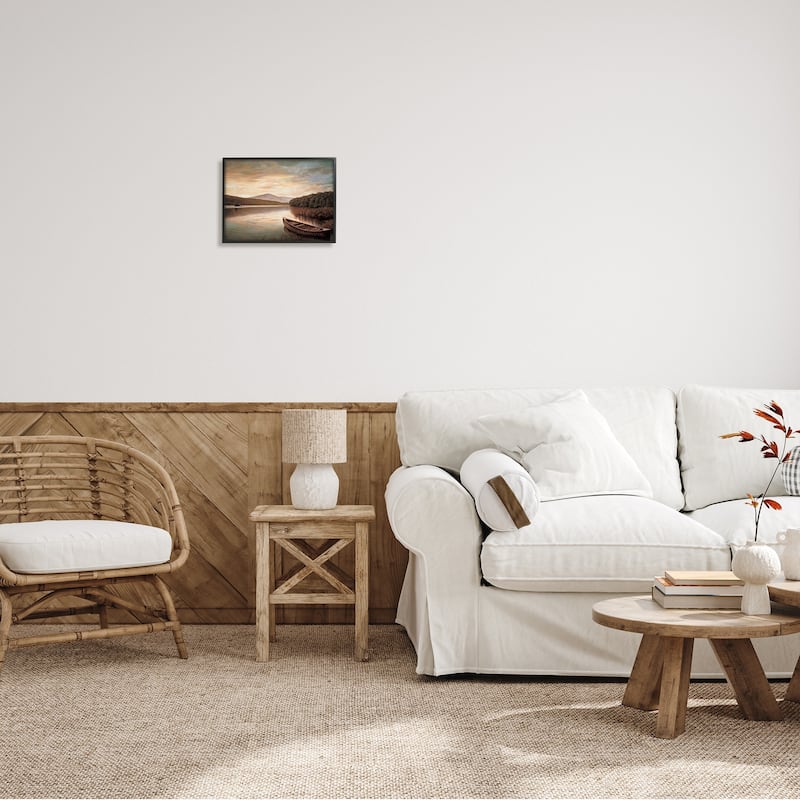 Stupell Lakeside Canoe Cloudy Sky Mountain Forest Landscape Framed Wall Art - Brown