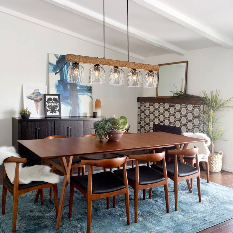 Farmhouse 5-Light Linear Island Pendant with Hammered Glass Shades and Antique Wood Finish