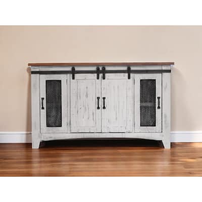 HomeRoots 70" White Solid Wood Cabinet Enclosed Storage Distressed TV Stand - 70' X '34.75' X '19
