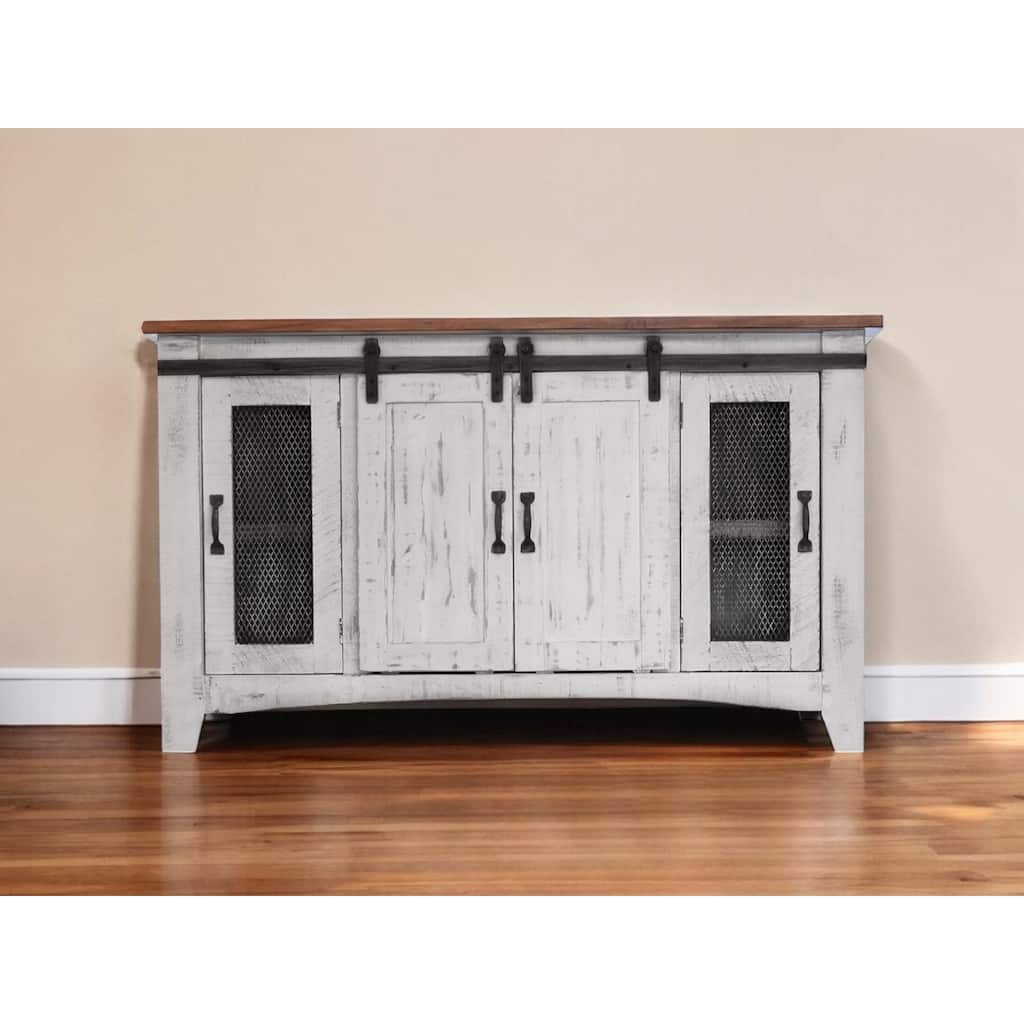 HomeRoots 70" White Solid Wood Cabinet Enclosed Storage Distressed TV Stand - 70' X '34.75' X '19
