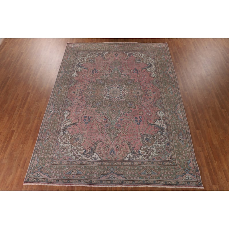 Pink Tabriz Persian Vintage Rug Hand-Knotted Wool Carpet - 9'7"x 12'11"