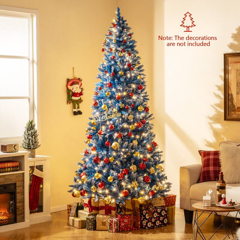 Gymax Pre-Lit Artificial Christmas Tree Blue Hinged Xmas Tree w/