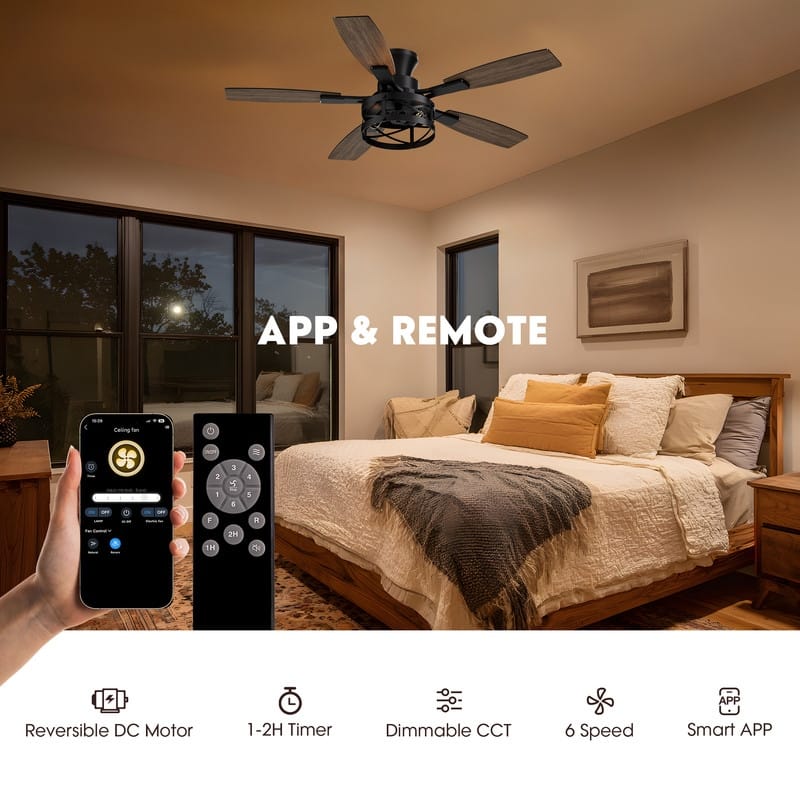 52 Inch Farmhouse Ceiling Fan with Light and Remote Black Industrial Caged Ceiling Fans for Living room - 52 in.