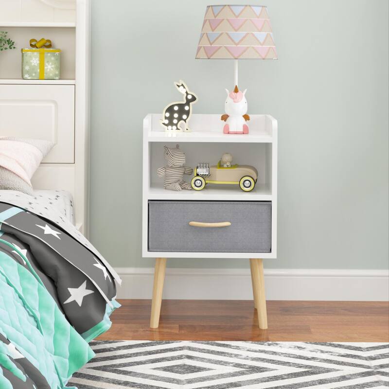 Nightstand With Collapsible Fabric Drawer, 2-Tier Storage End Table, Wood Side Table with Storage Cabinet for Kids, Adults