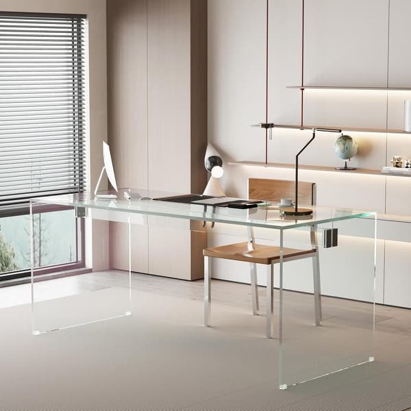 Modern Minimalist Tempered Glass Writing Desk with Chrome Hardware - 53.14