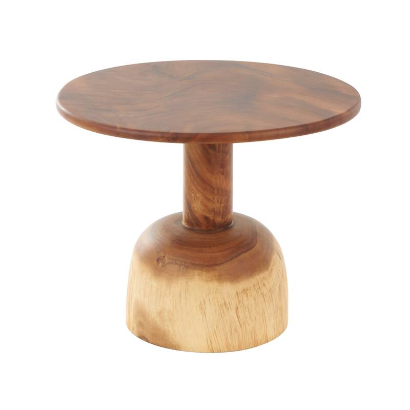 Brown Wood Handmade Side End Accent Table with Cylinder Block Base