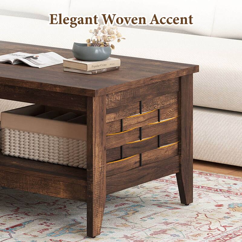 Costway 39.5” 2-Tier Coffee Table with Open Shelf Woven Decorations - See Details